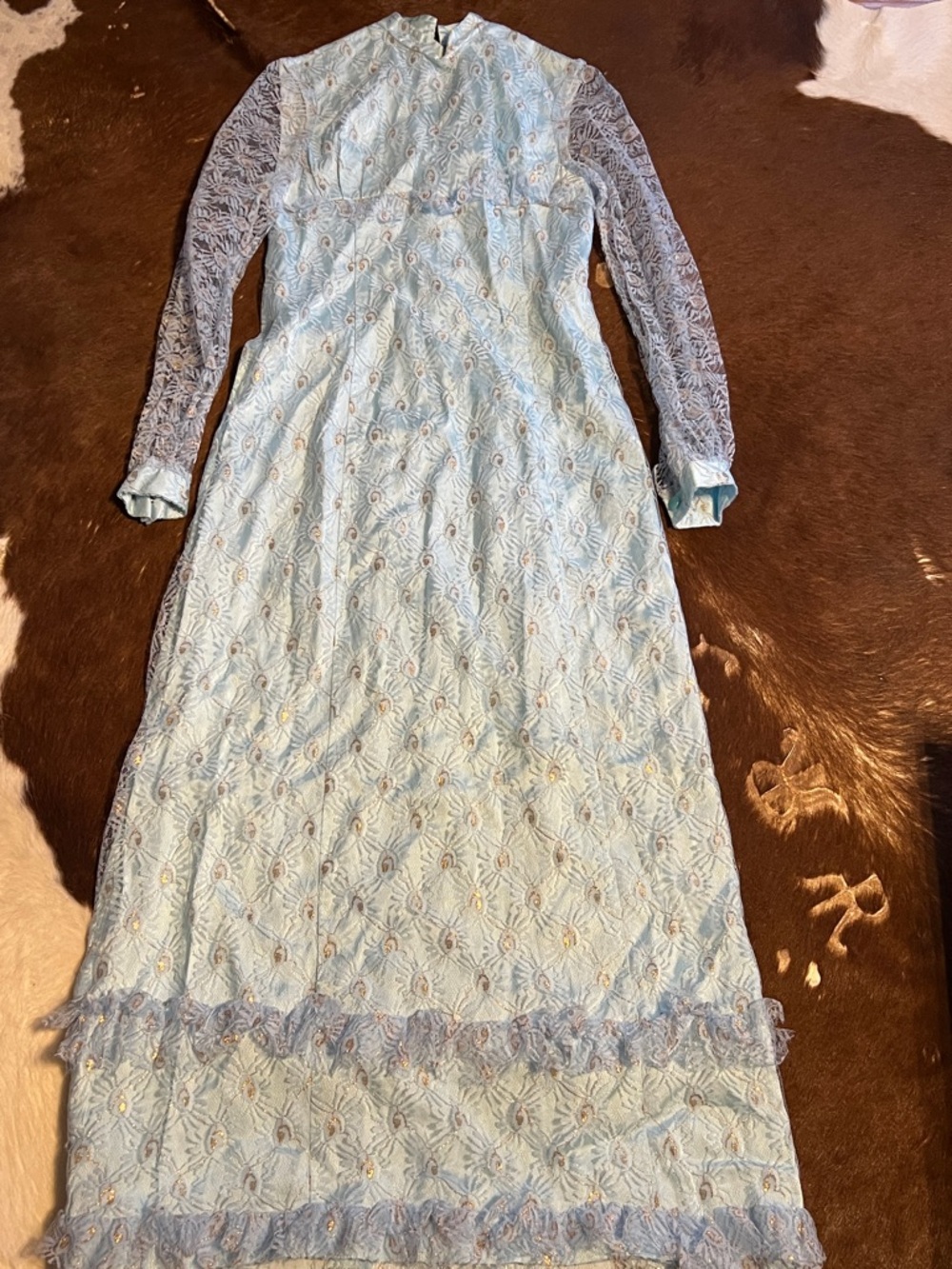 Vintage handmade Light Blue Lace Long Sleeve Maxi Dress, 70’-80’